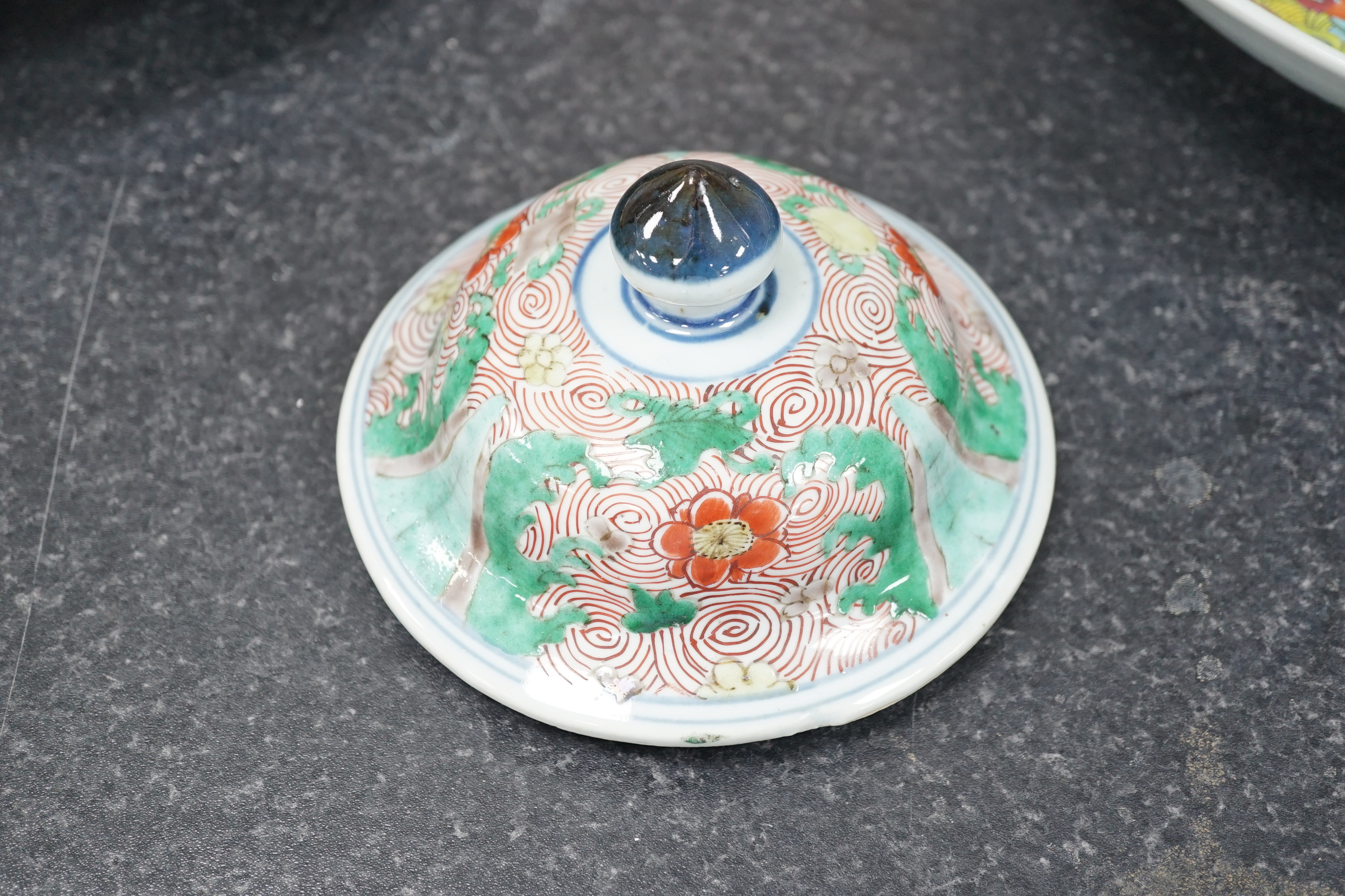 A Chinese wucai ovoid vase and cover, Transitional, Shunzhi period, broken with kintsugi style repair